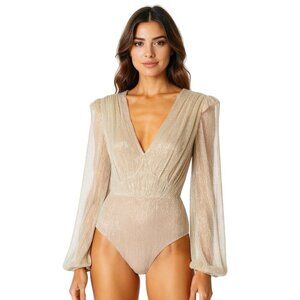 PatBO Gold Metallic Blouson Sleeve Deep V Bodysuit NWT – Size XS